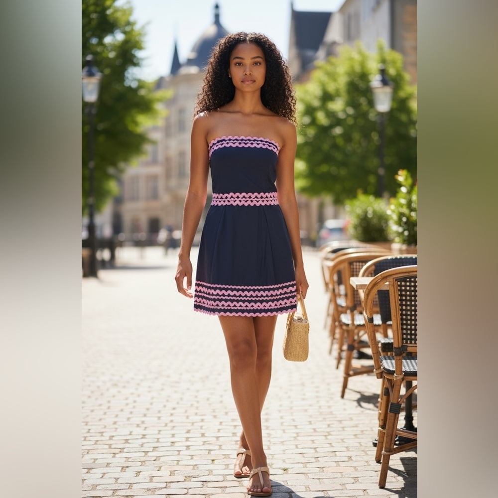 French Connection Strapless Navy Pink Ric Rac Dress Size 10